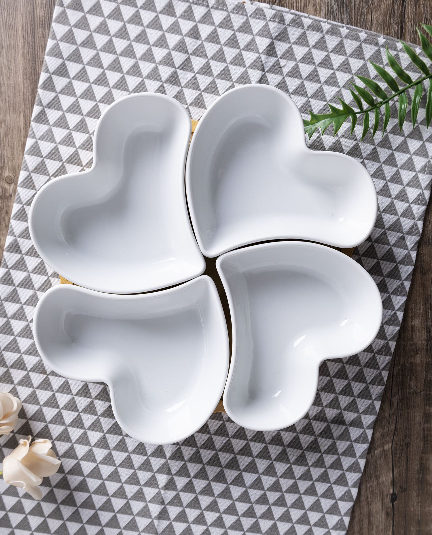 CHANGSHA HAPPY GO  Elegant White Porcelain Serving Platter Set with Modular Petal, Heart and Square Design for Refined Entertaining  |happygodinnerware.com