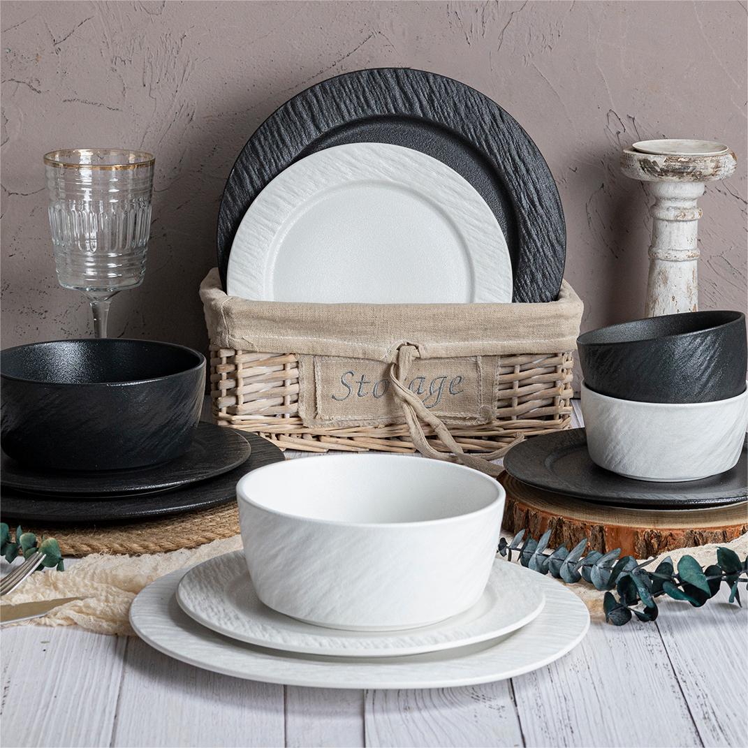 CHANGSHA HAPPY GO Matte Stone Texture Bone China Dinner Set in Black and White Color Block for Nordic Style Dining |happygodinnerware.com