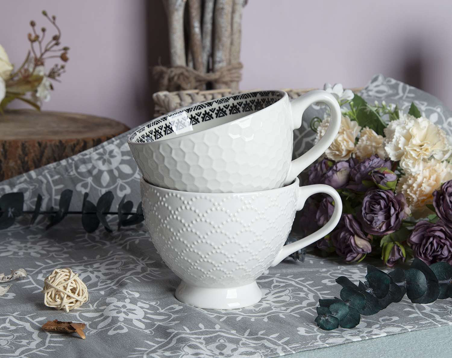 CHANGSHA HAPPY GO Embossed Ceramic Teacups with Floral Print | happygodinnerware.com