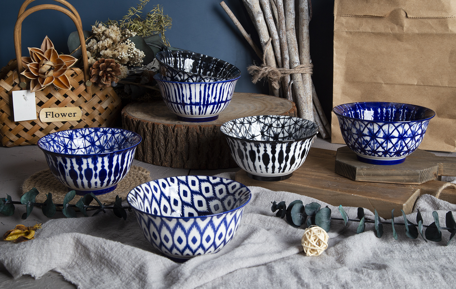 CHANGSHA HAPPY GO Printed Stoneware Bowls in Blue and White Patterns | happygodinnerware.com