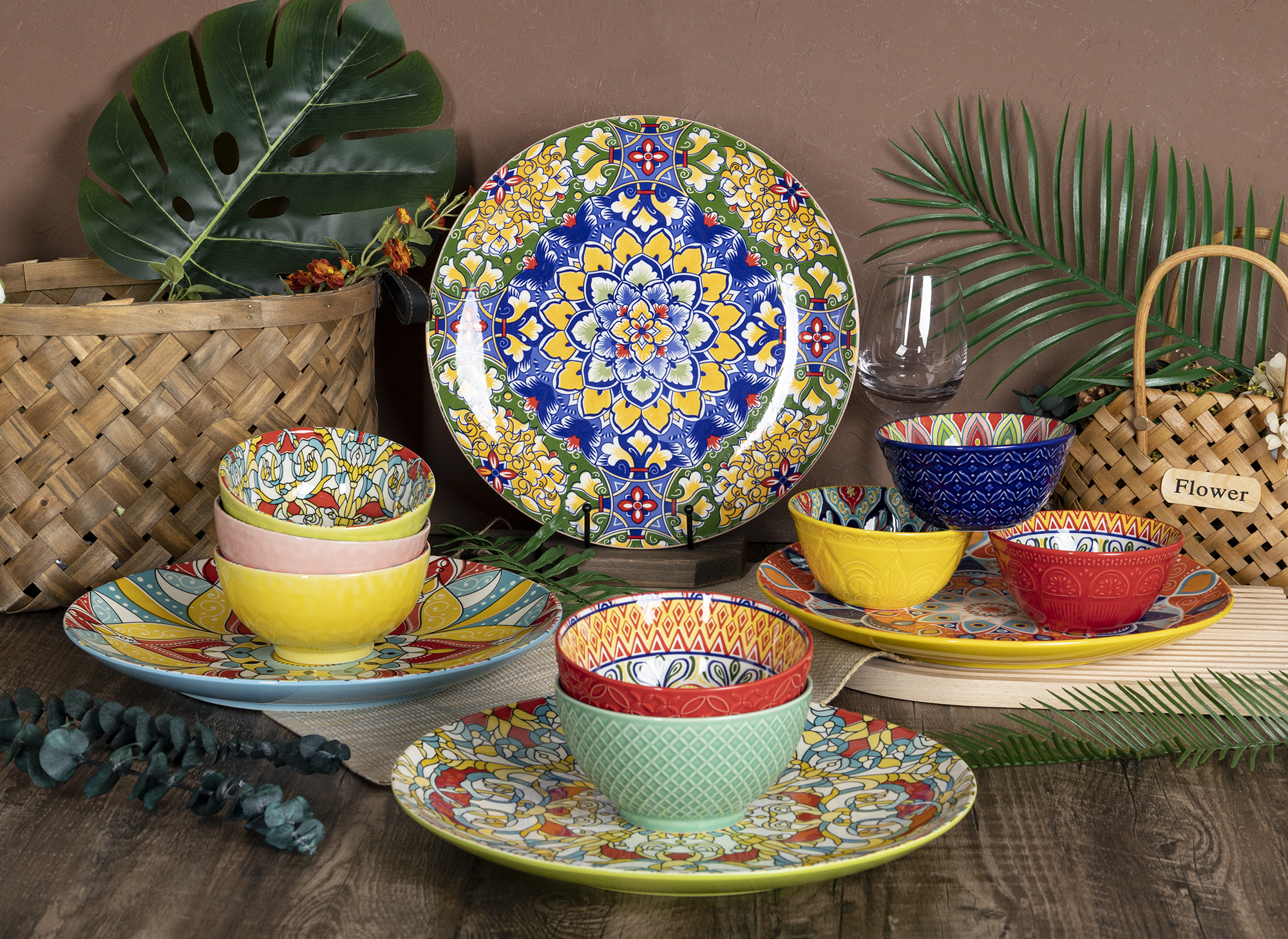 CHANGSHA HAPPY GO Mediterranean Mosaic Pattern Stoneware Dinnerware Set with Colorful Interior Decals |happygodinnerware.com
