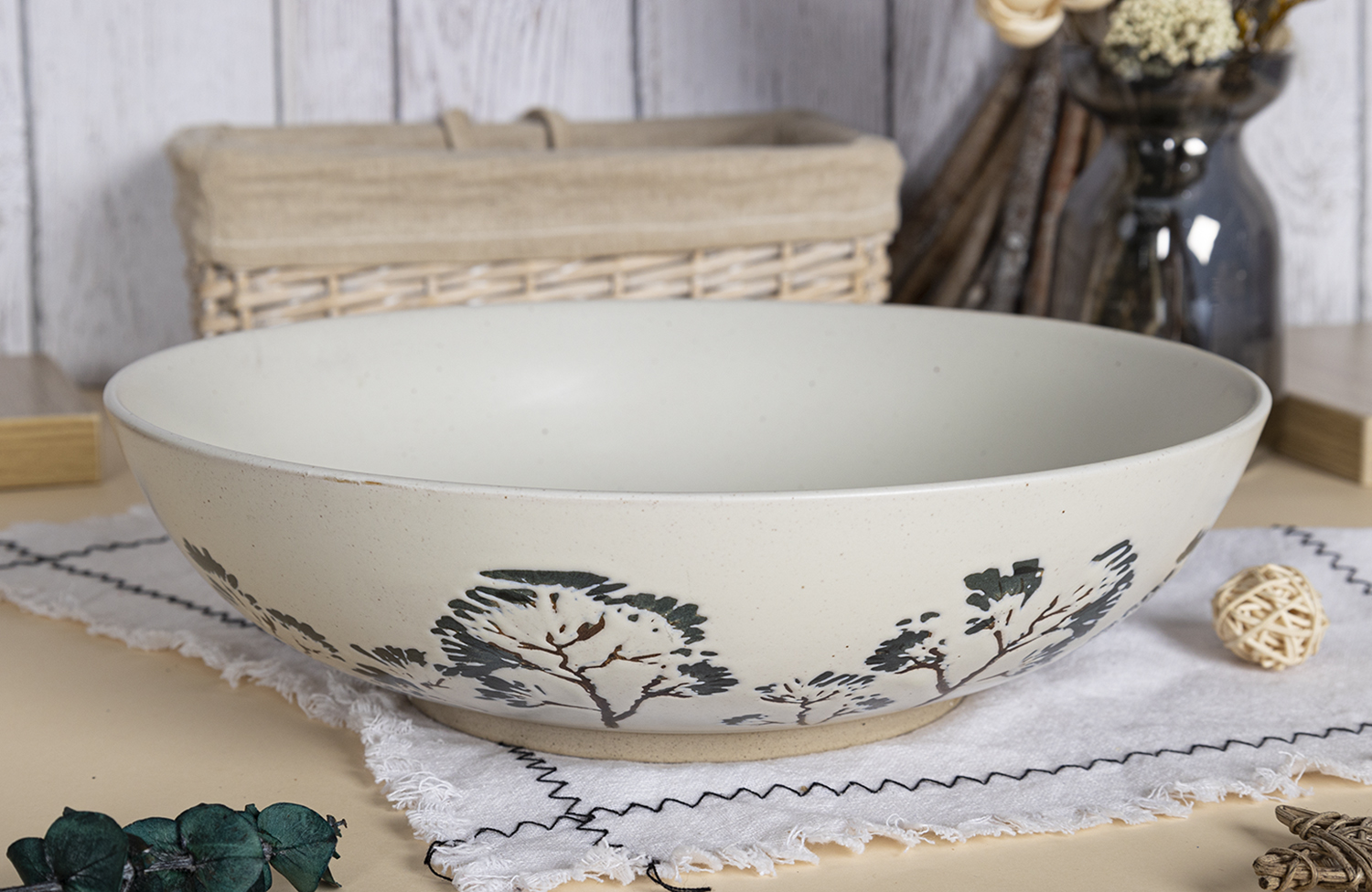 CHANGSHA HAPPY GO Rustic Stoneware Dinnerware Set with Handcrafted Botanical Stamp Design Featuring Forest Leaves and Wildflowers  |happygodinnerware.com