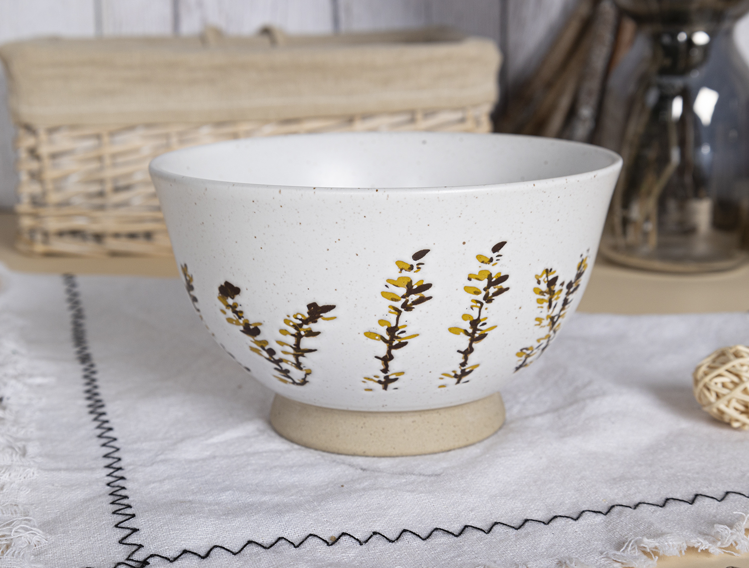 CHANGSHA HAPPY GO Rustic Stoneware Dinnerware Set with Handcrafted Botanical Stamp Design Featuring Forest Leaves and Wildflowers  |happygodinnerware.com