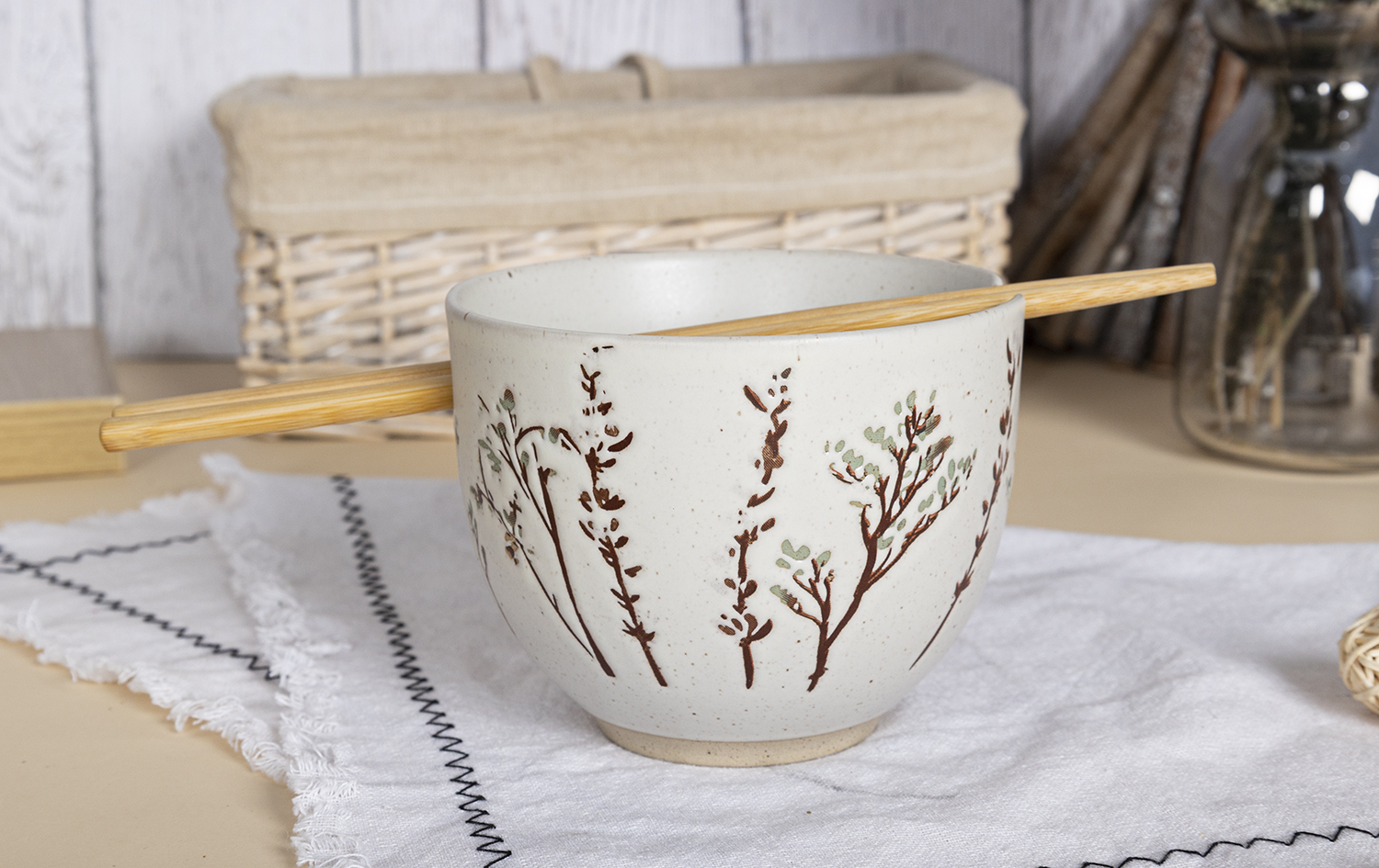 CHANGSHA HAPPY GO Rustic Stoneware Dinnerware Set with Handcrafted Botanical Stamp Design Featuring Forest Leaves and Wildflowers  |happygodinnerware.com
