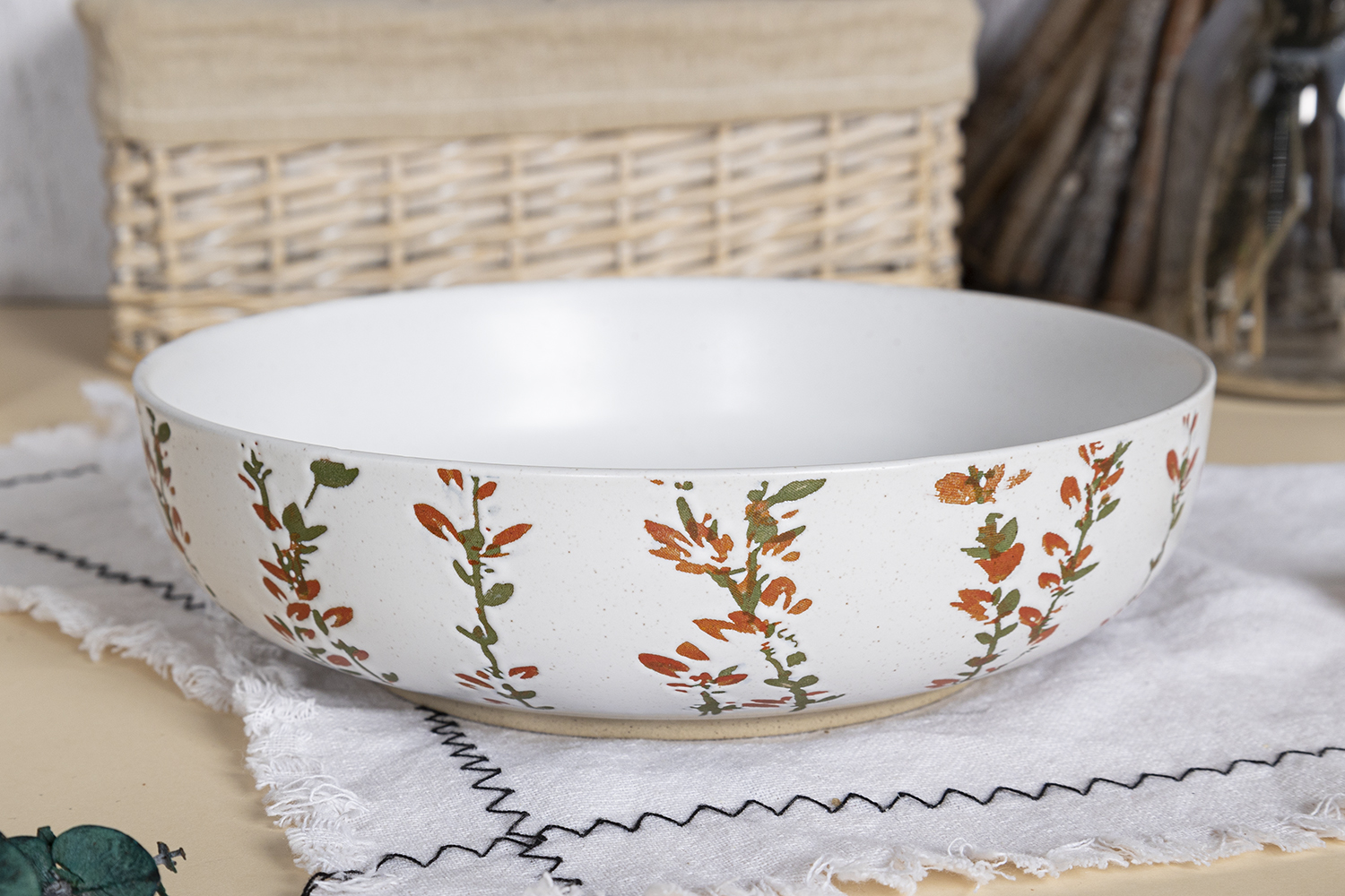 CHANGSHA HAPPY GO Rustic Stoneware Dinnerware Set with Handcrafted Botanical Stamp Design Featuring Forest Leaves and Wildflowers  |happygodinnerware.com