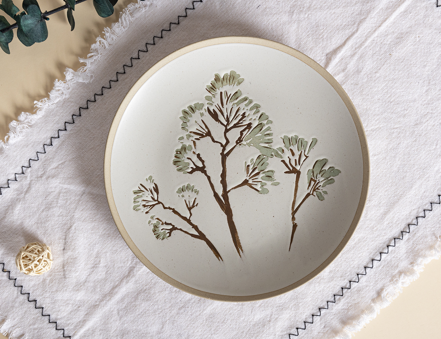 CHANGSHA HAPPY GO Rustic Stoneware Dinnerware Set with Handcrafted Botanical Stamp Design Featuring Forest Leaves and Wildflowers  |happygodinnerware.com