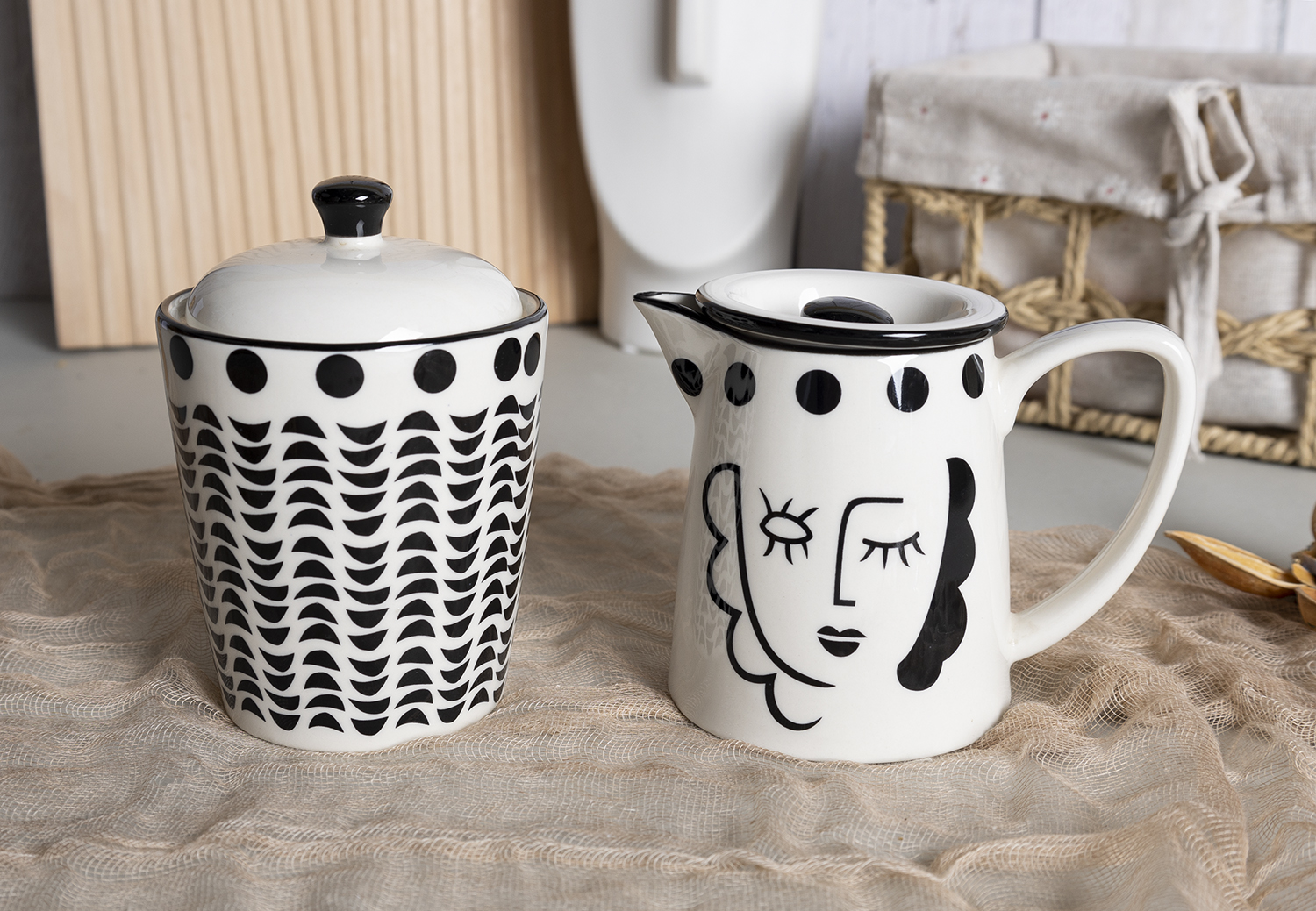 CHANGSHA HAPPY GO Abstract Face Art Stoneware Tea and Dinnerware Set with Monochrome Decals |happygodinnerware.com