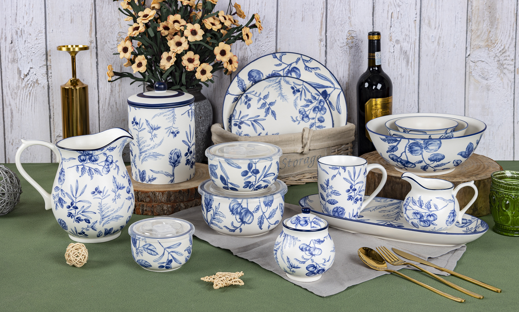 CHANGSHA HAPPY GO Rustic Countryside Blue Floral Stoneware Decal Dinnerware Set with Plates, Bowls, Pitcher and Storage Canisters |happygodinnerware.com