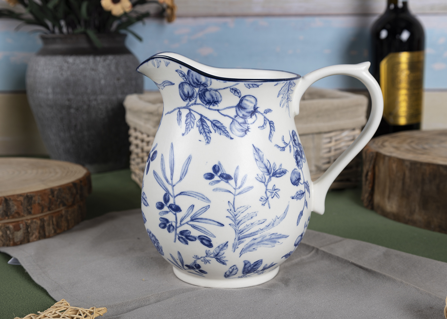 CHANGSHA HAPPY GO Rustic Countryside Blue Floral Stoneware Decal Dinnerware Set with Plates, Bowls, Pitcher and Storage Canisters |happygodinnerware.com