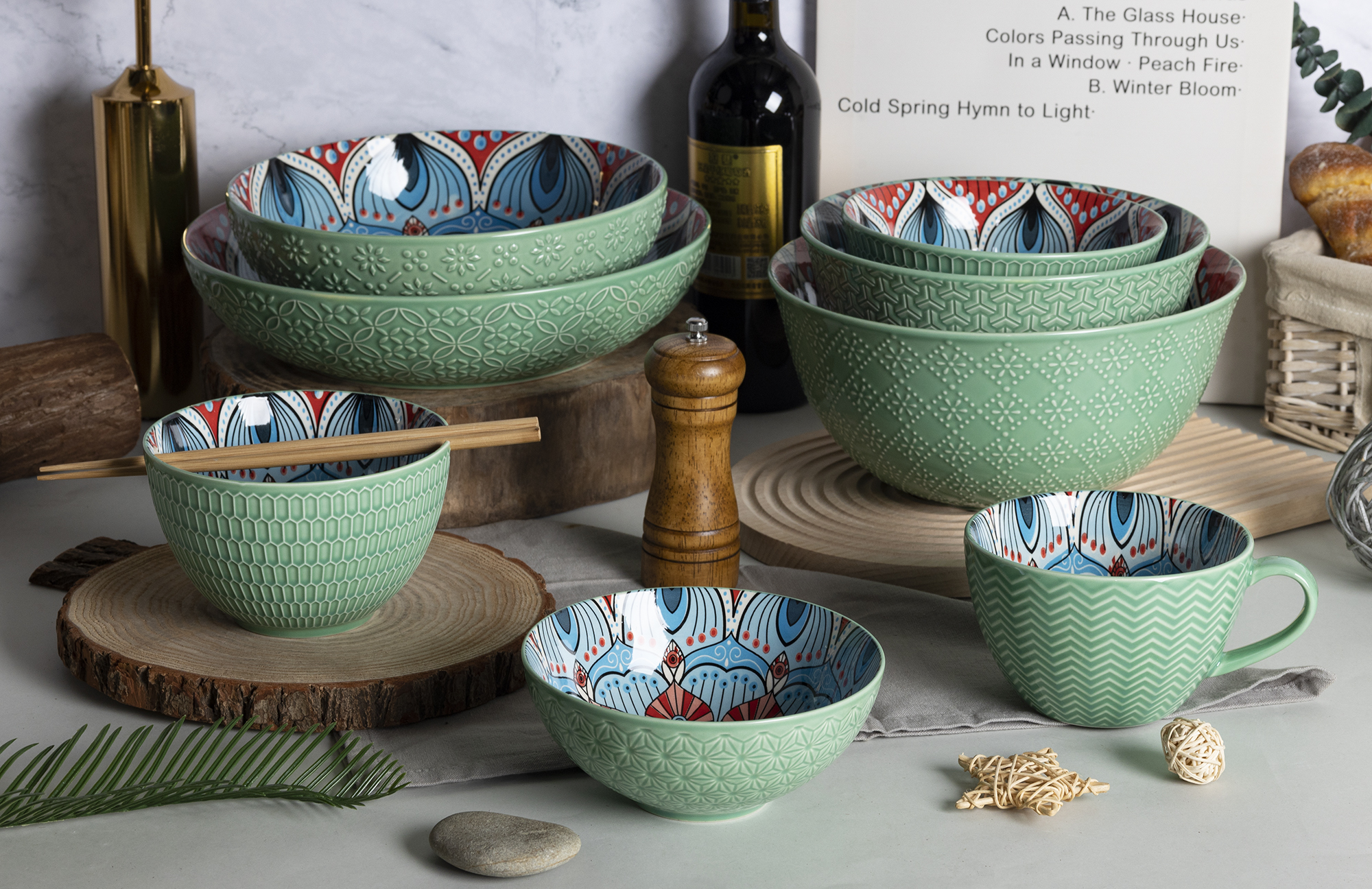 CHANGSHA HAPPY GO Embossed Green Stoneware Dinnerware Set with Multi-style Inner Decals |happygodinnerware.com