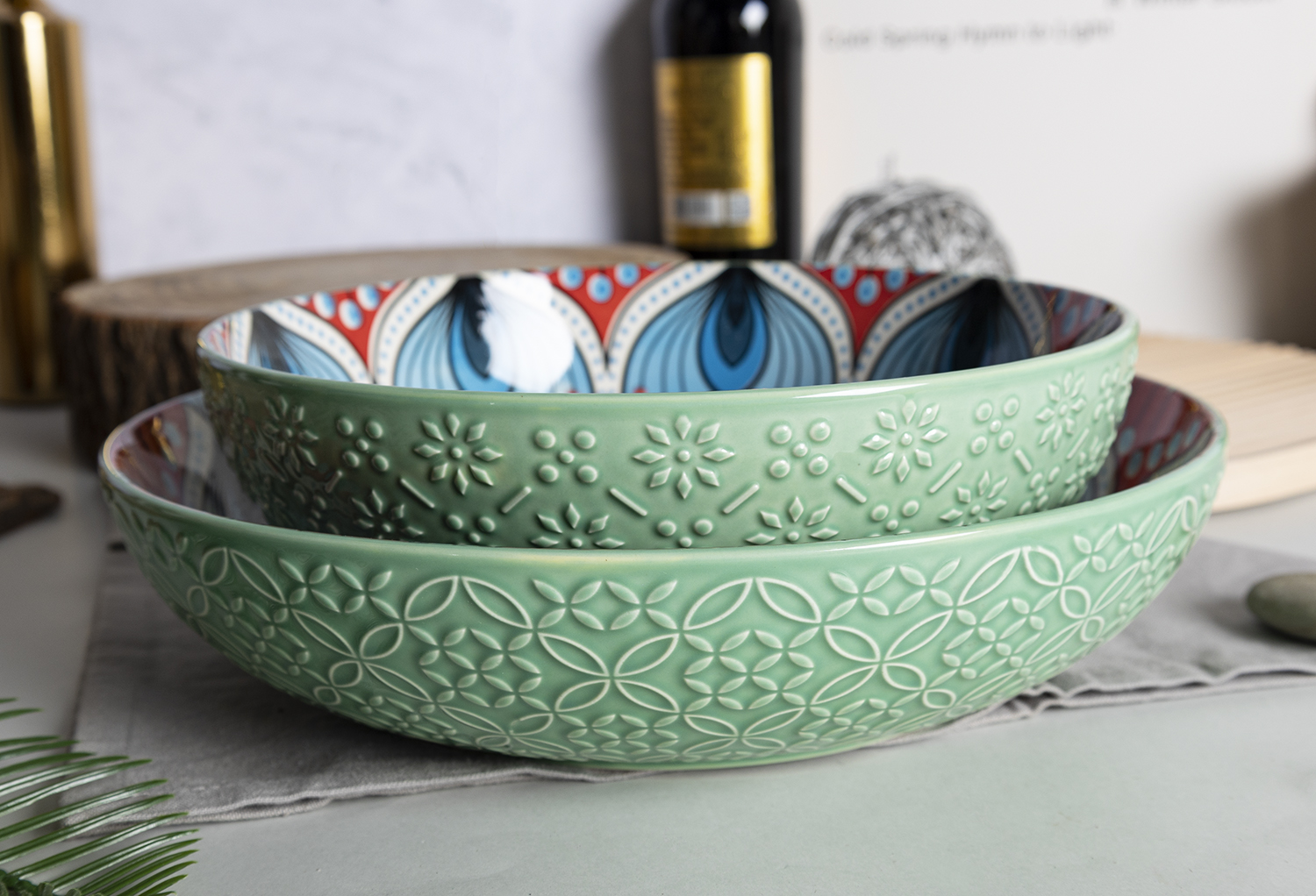 CHANGSHA HAPPY GO Embossed Green Stoneware Dinnerware Set with Multi-style Inner Decals |happygodinnerware.com