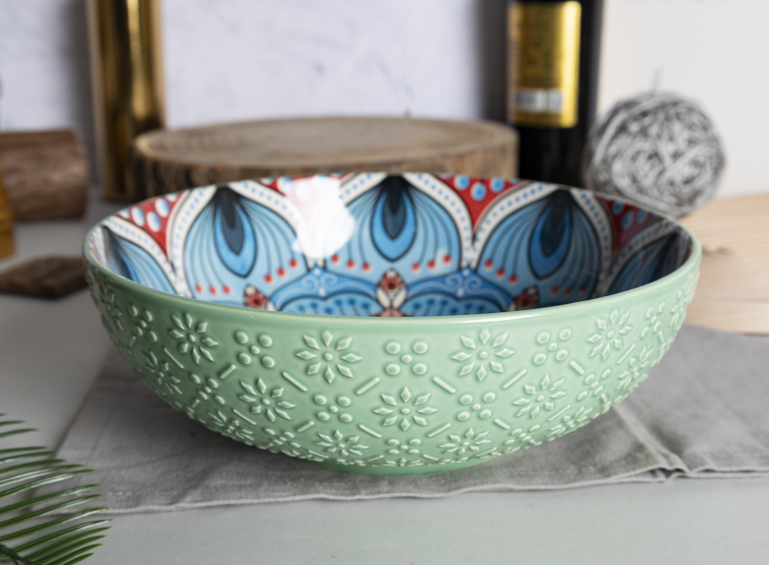 CHANGSHA HAPPY GO Embossed Green Stoneware Dinnerware Set with Multi-style Inner Decals |happygodinnerware.com