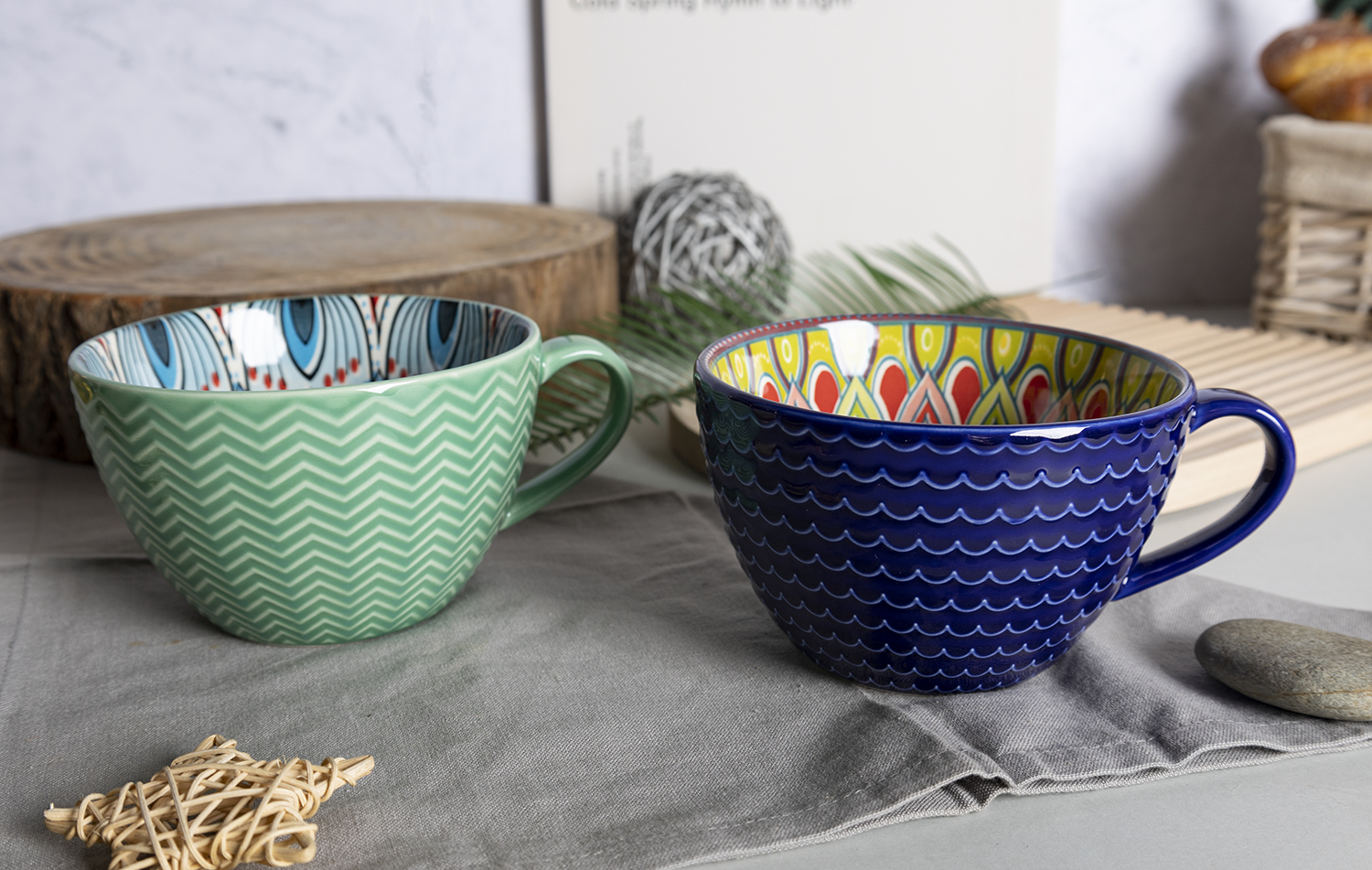 CHANGSHA HAPPY GO Embossed Green Stoneware Dinnerware Set with Multi-style Inner Decals |happygodinnerware.com