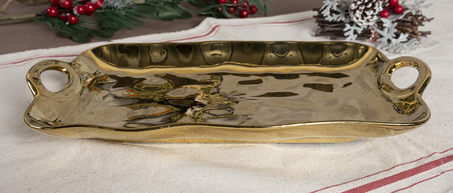 CHANGSHA HAPPY GO Full Electroplated Gold High-Gloss Bone China Serving Tray Set for Premium Banquets and Decorative Displays |happygodinnerware.com
