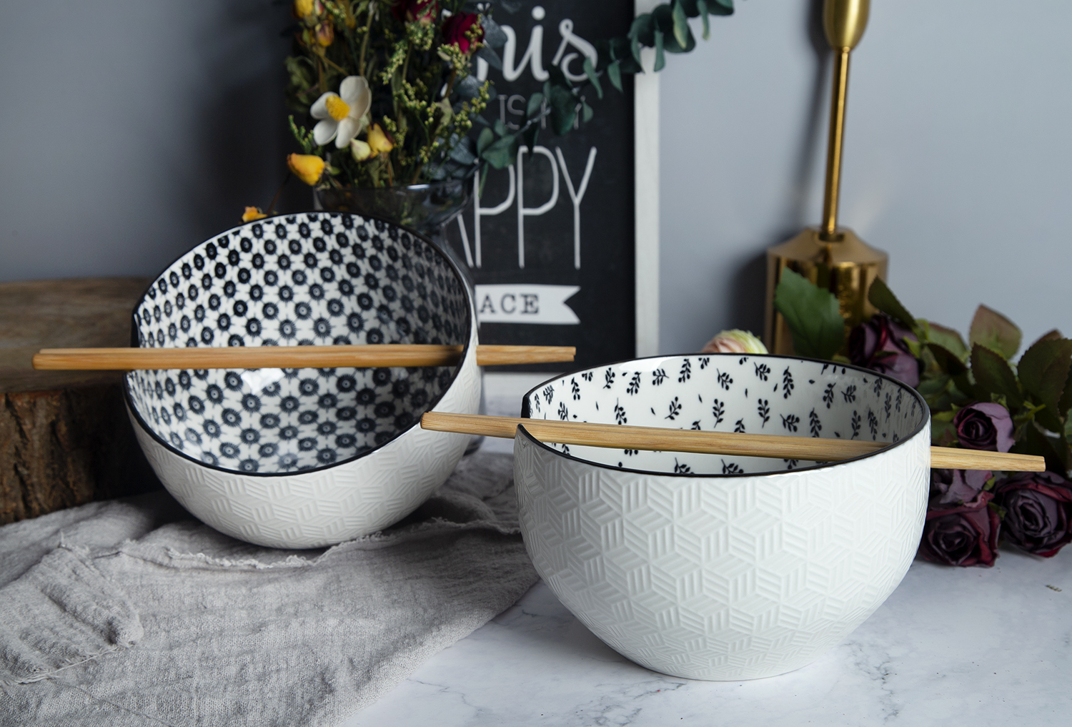 CHANGSHA HAPPY GO Geo-Embossed Porcelain Noodle Bowl Set | Dual-Pattern Interior | happygodinnerware.com