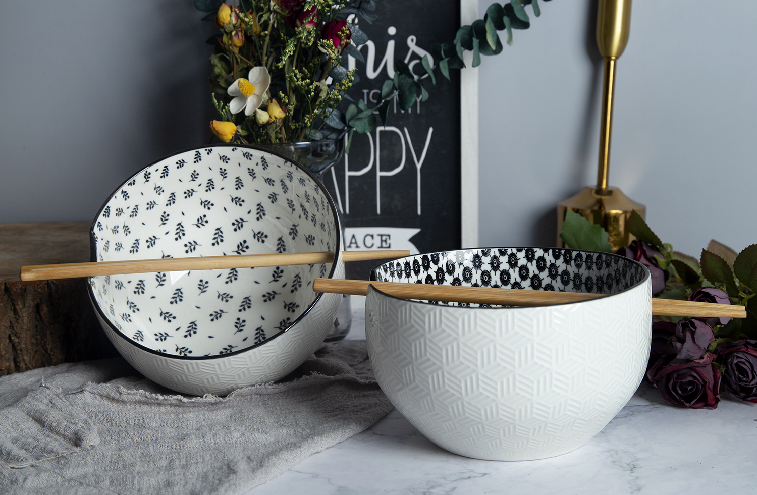 CHANGSHA HAPPY GO Geo-Embossed Porcelain Noodle Bowl Set | Dual-Pattern Interior | happygodinnerware.com