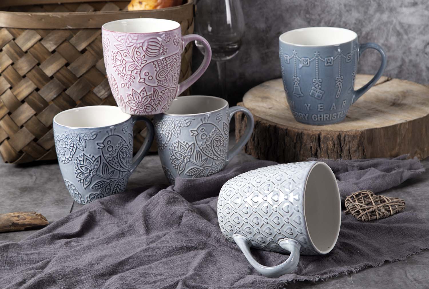 CHANGSHA HAPPY GO Stoneware Embossed Reactive Glaze Mug Set – Nature-Inspired Relief Texture with Assorted Pastel Colors |Dopamine Series Ceramics|happygodinnerware.com