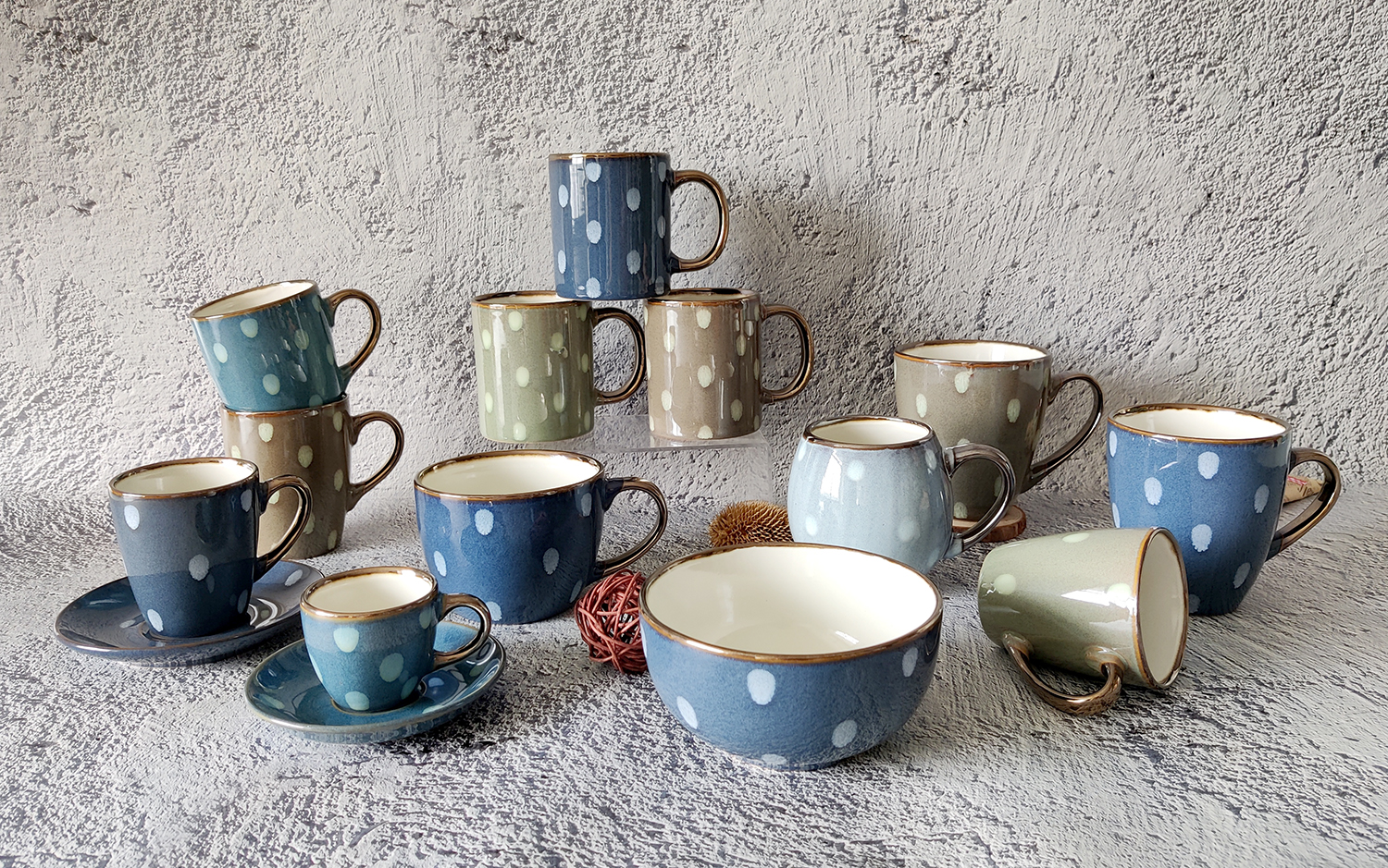 CHANGSHA HAPPY GO Reactive Glaze Stoneware Mug and Bowl Set with Hand-Drawn Polka Dots and Rolled Rim | happygodinnerware.com