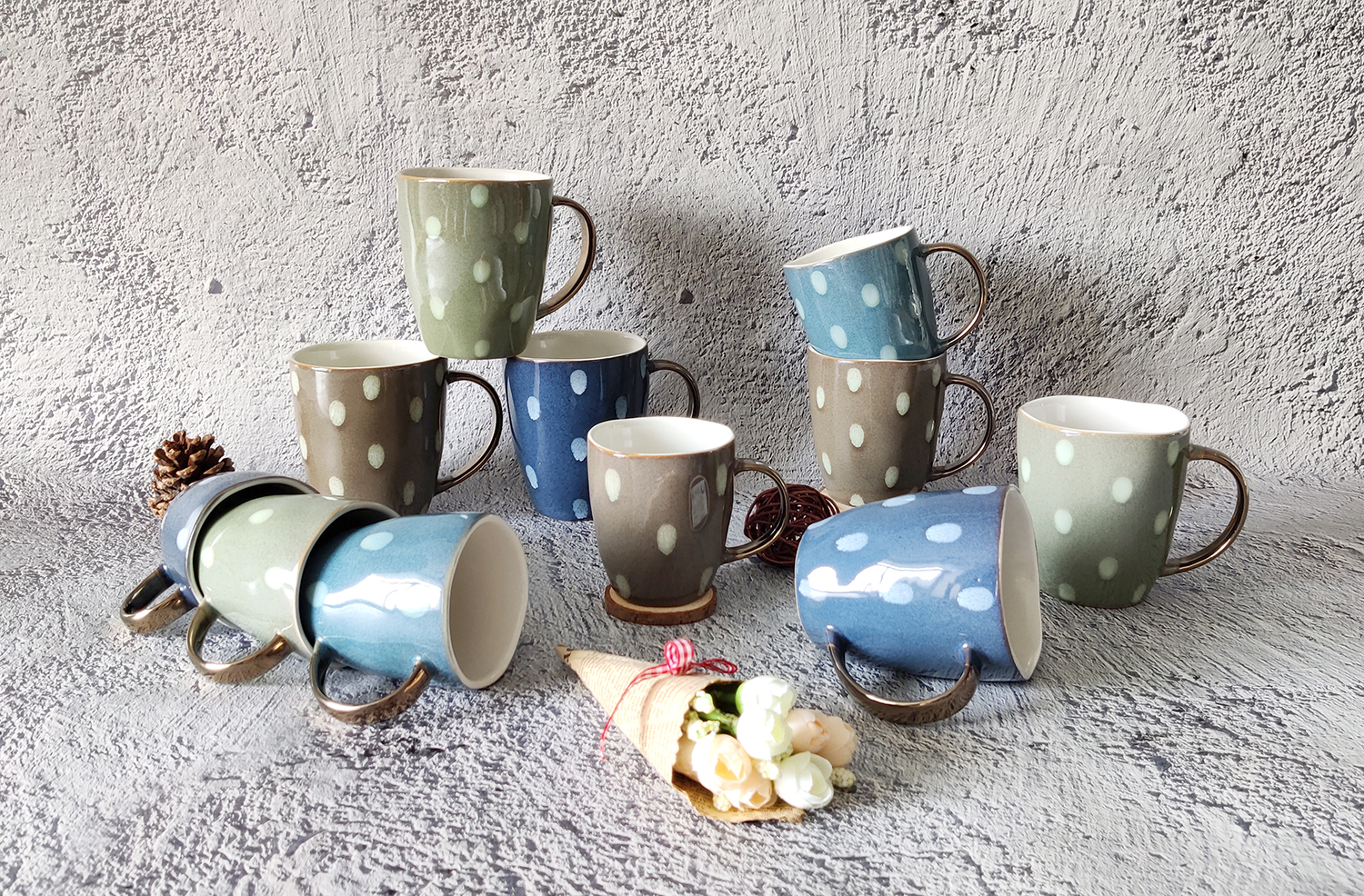 CHANGSHA HAPPY GO Reactive Glaze Stoneware Mug and Bowl Set with Hand-Drawn Polka Dots and Rolled Rim | happygodinnerware.com