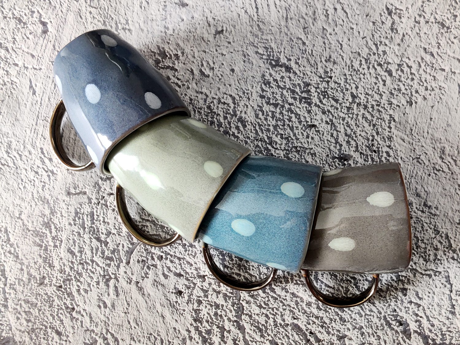 CHANGSHA HAPPY GO Reactive Glaze Stoneware Mug and Bowl Set with Hand-Drawn Polka Dots and Rolled Rim | happygodinnerware.com