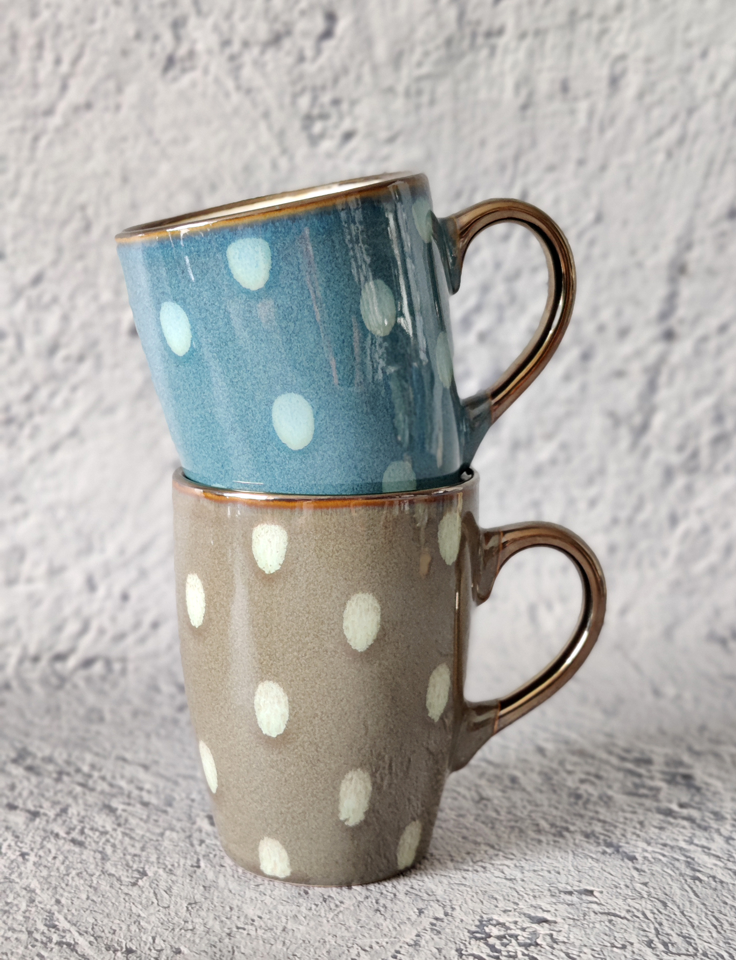 CHANGSHA HAPPY GO Reactive Glaze Stoneware Mug and Bowl Set with Hand-Drawn Polka Dots and Rolled Rim | happygodinnerware.com