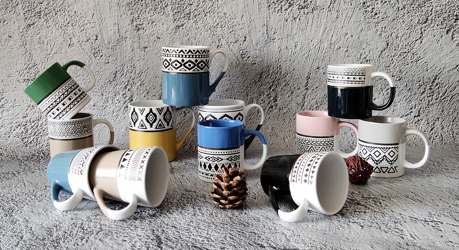 CHANGSHA HAPPY GO Two-Tone Stoneware Mug Collection with Under-Glaze Silkscreen Tribal Patterns and Half-Dip Color Design |Dopamine Series Ceramics|happygodinnerware.com