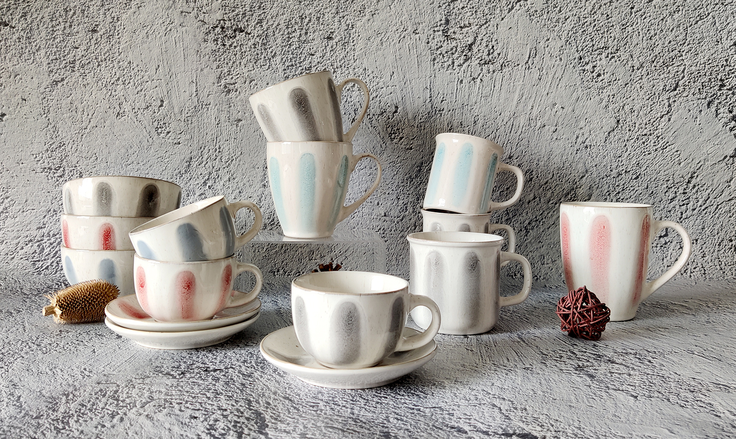CHANGSHA HAPPY GO Reactive Glaze Stoneware Mug & Bowl Set with Color-Imprinted Vertical Teardrop Pattern | happygodinnerware.com