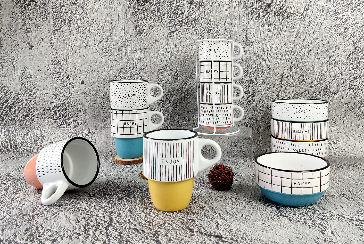 CHANGSHA HAPPY GO Geometric Stoneware Mug & Bowl Set with Underglaze Screen Printing, Half Dipped Color Glaze, and Black Rim Accent | happygodinnerware.com