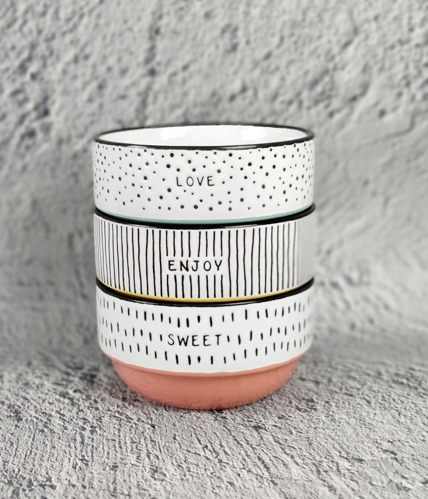 CHANGSHA HAPPY GO Geometric Stoneware Mug & Bowl Set with Underglaze Screen Printing, Half Dipped Color Glaze, and Black Rim Accent | happygodinnerware.com