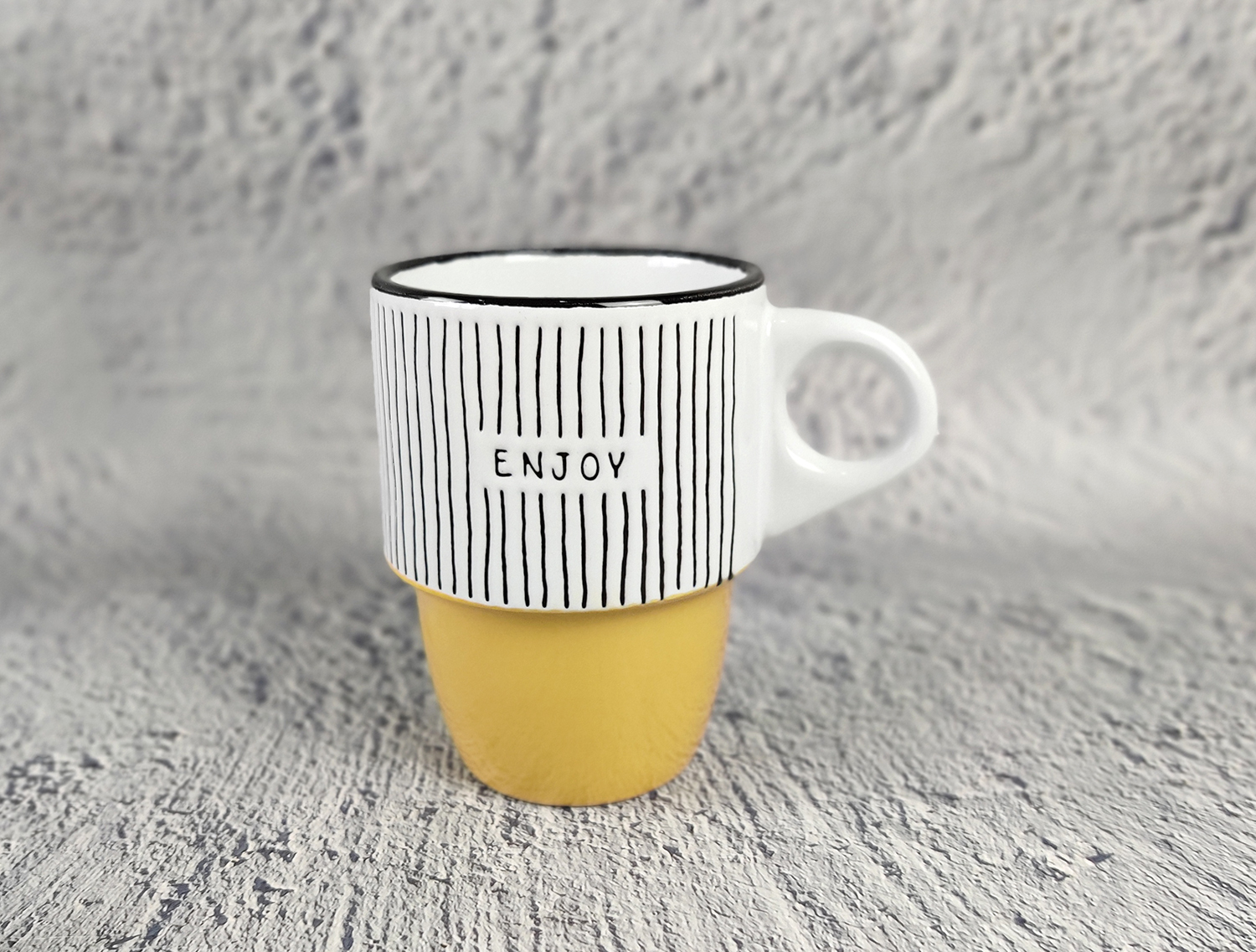 CHANGSHA HAPPY GO Geometric Stoneware Mug & Bowl Set with Underglaze Screen Printing, Half Dipped Color Glaze, and Black Rim Accent | happygodinnerware.com