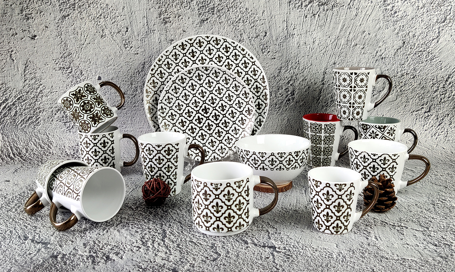 CHANGSHA HAPPY GO Vintage Pattern Stoneware Tableware with Underglaze Decal and Metallic Glaze Accents | happygodinnerware.com