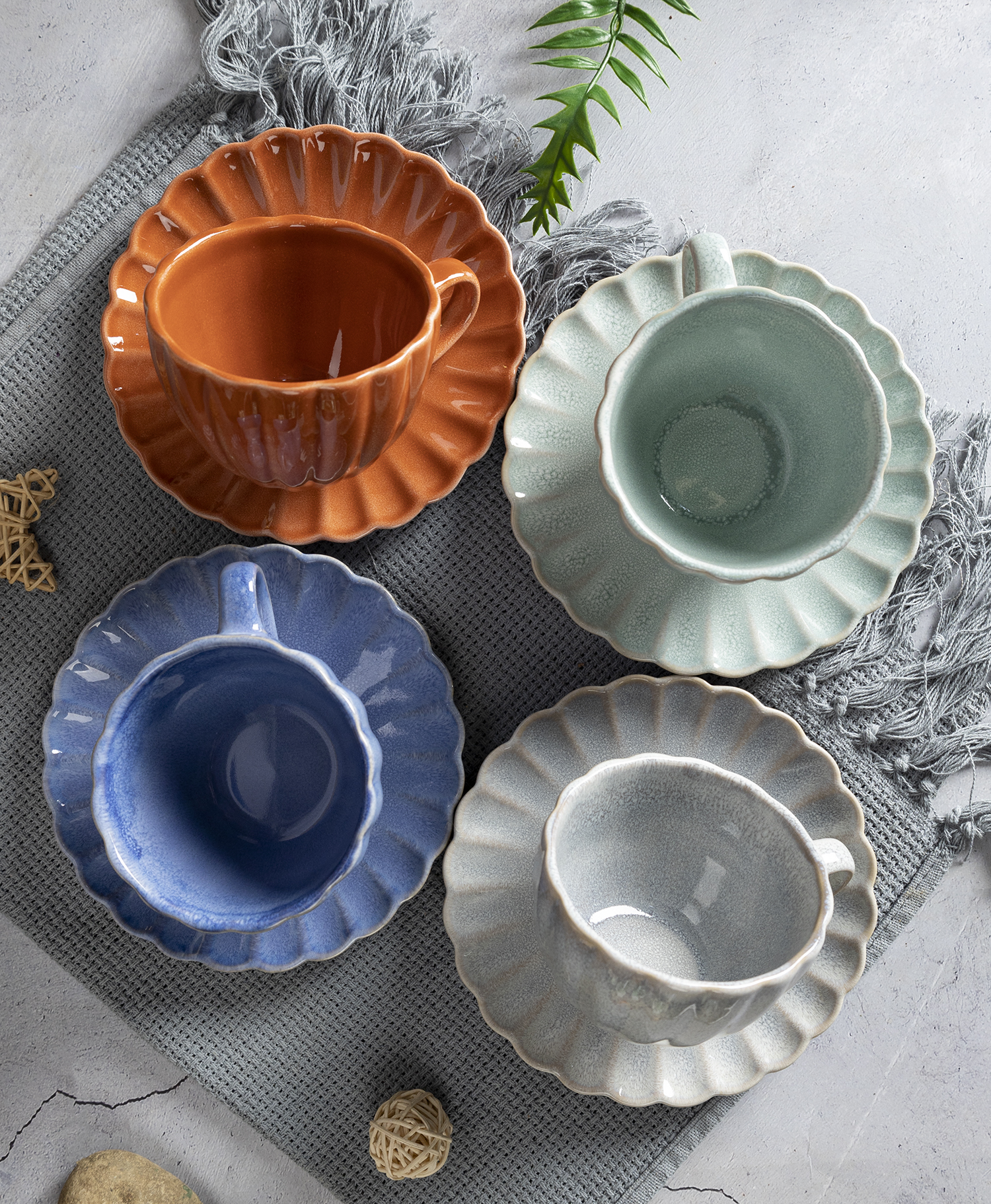 CHANGSHA HAPPY GO  Reactive Glazed Scallop-Edge Stoneware Dinner Set – 16-Piece Artisan Tableware in Earthy and Ocean Tones |Dopamine Series Ceramics|happygodinnerware.com