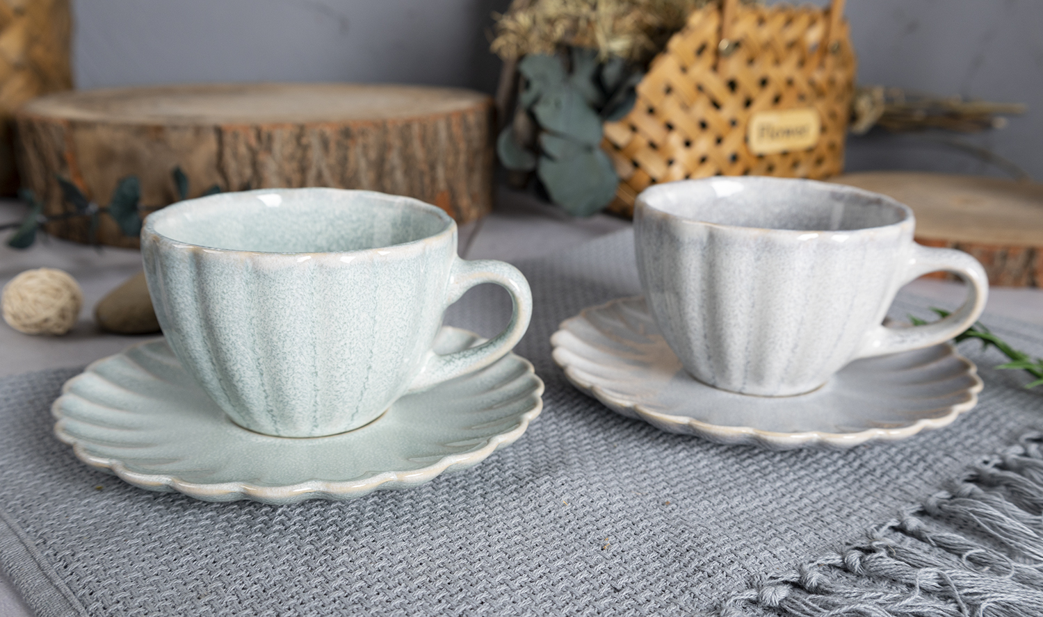 CHANGSHA HAPPY GO  Reactive Glazed Scallop-Edge Stoneware Dinner Set – 16-Piece Artisan Tableware in Earthy and Ocean Tones |Dopamine Series Ceramics|happygodinnerware.com