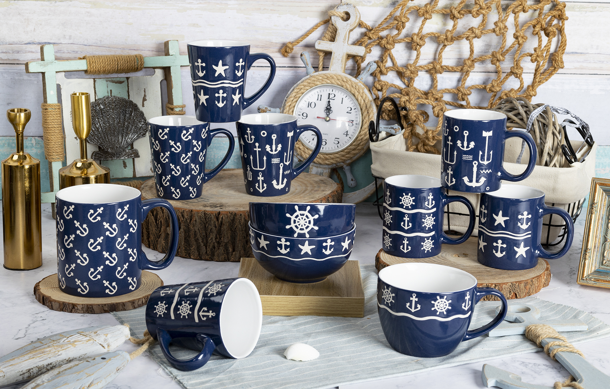 HAPPY GO  Anchor & Helm Printed Stoneware Mug and Bowl Set – 16-Piece Nautical Theme with Deep Blue Glaze |happygodinnerware.com