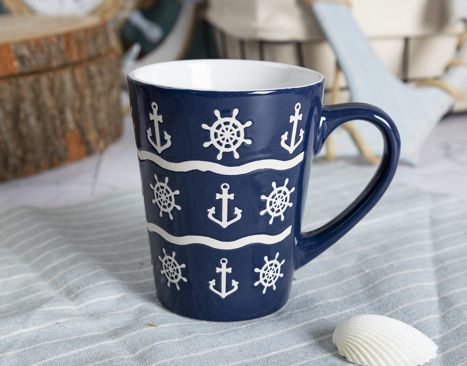 HAPPY GO  Anchor & Helm Printed Stoneware Mug and Bowl Set – 16-Piece Nautical Theme with Deep Blue Glaze |happygodinnerware.com