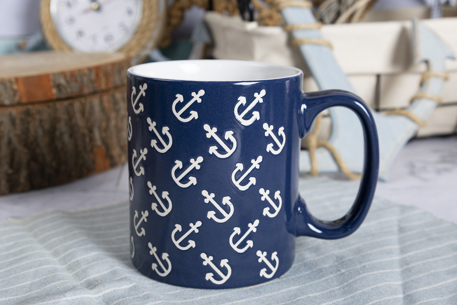 HAPPY GO  Anchor & Helm Printed Stoneware Mug and Bowl Set – 16-Piece Nautical Theme with Deep Blue Glaze |happygodinnerware.com