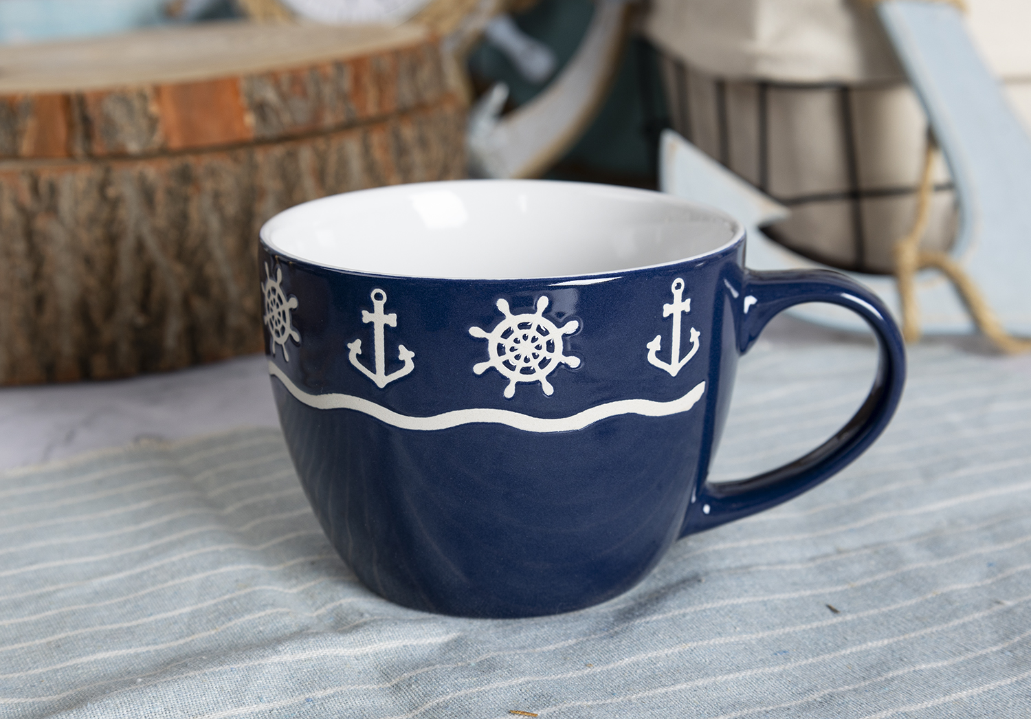 HAPPY GO  Anchor & Helm Printed Stoneware Mug and Bowl Set – 16-Piece Nautical Theme with Deep Blue Glaze |happygodinnerware.com