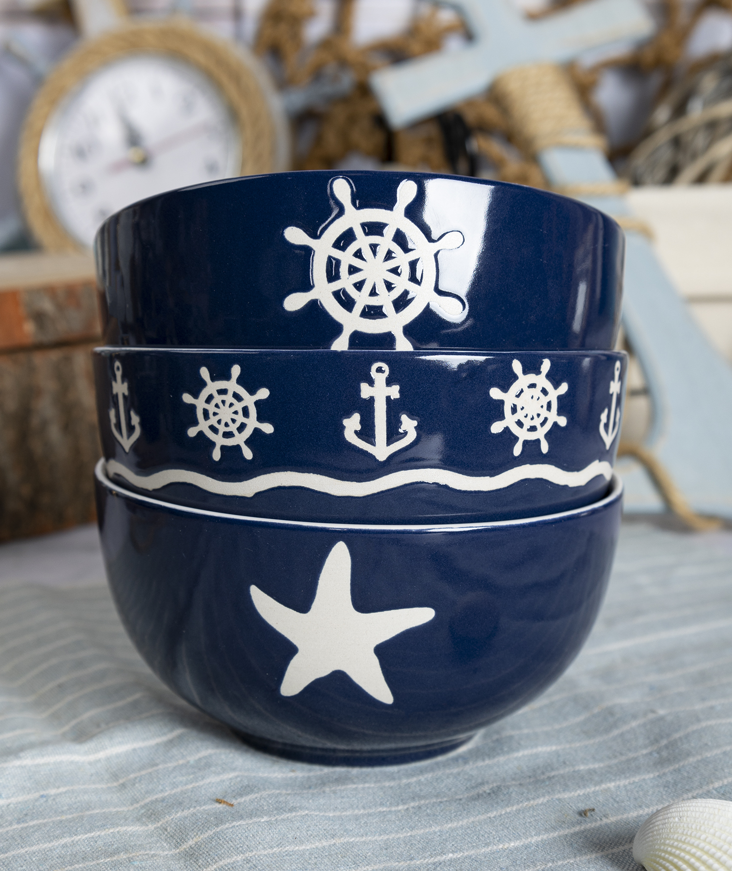 HAPPY GO  Anchor & Helm Printed Stoneware Mug and Bowl Set – 16-Piece Nautical Theme with Deep Blue Glaze |happygodinnerware.com