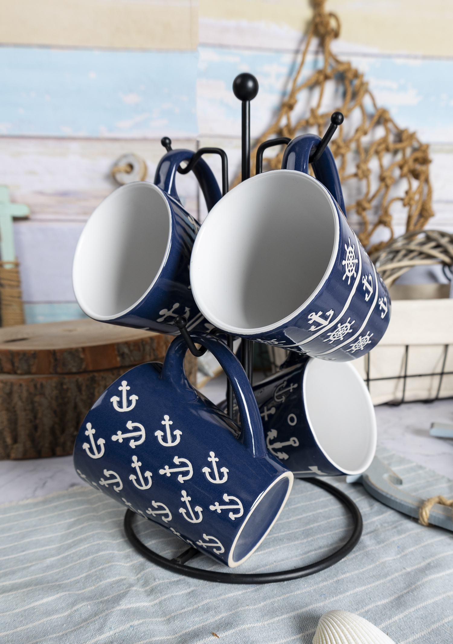 HAPPY GO  Anchor & Helm Printed Stoneware Mug and Bowl Set – 16-Piece Nautical Theme with Deep Blue Glaze |happygodinnerware.com