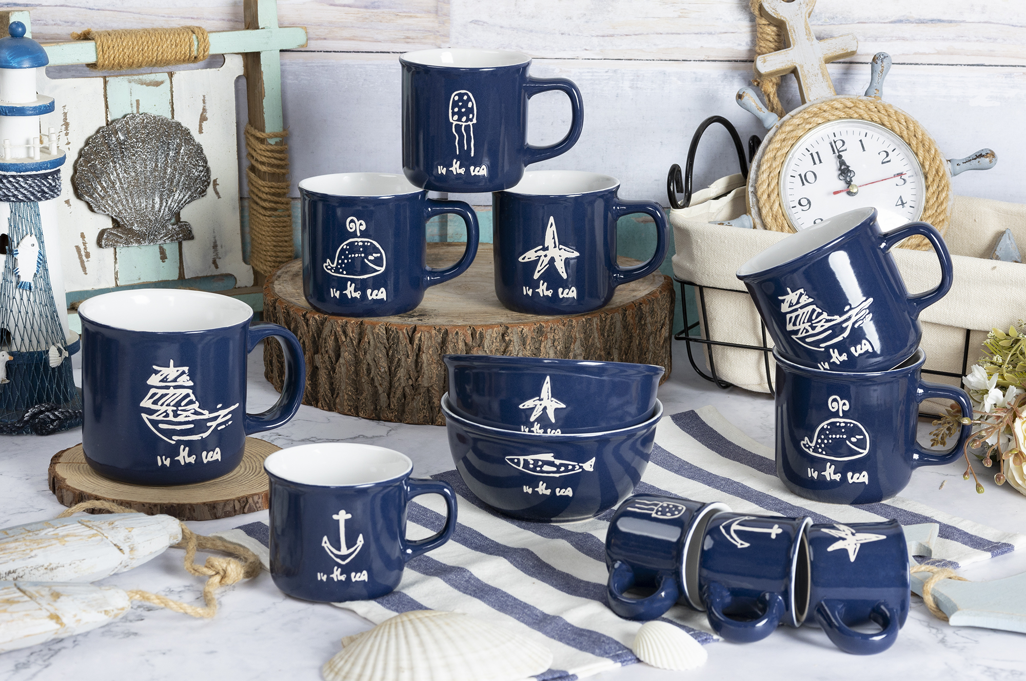 CHANGSHA HAPPY GO  Deep Blue Marine-Themed Stoneware Set – Hand-Drawn Ocean Icons, 16 Pieces |happygodinnerware.com