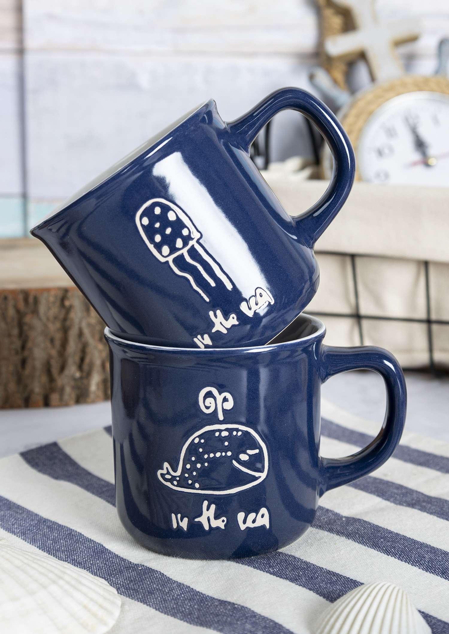 CHANGSHA HAPPY GO  Deep Blue Marine-Themed Stoneware Set – Hand-Drawn Ocean Icons, 16 Pieces |happygodinnerware.com