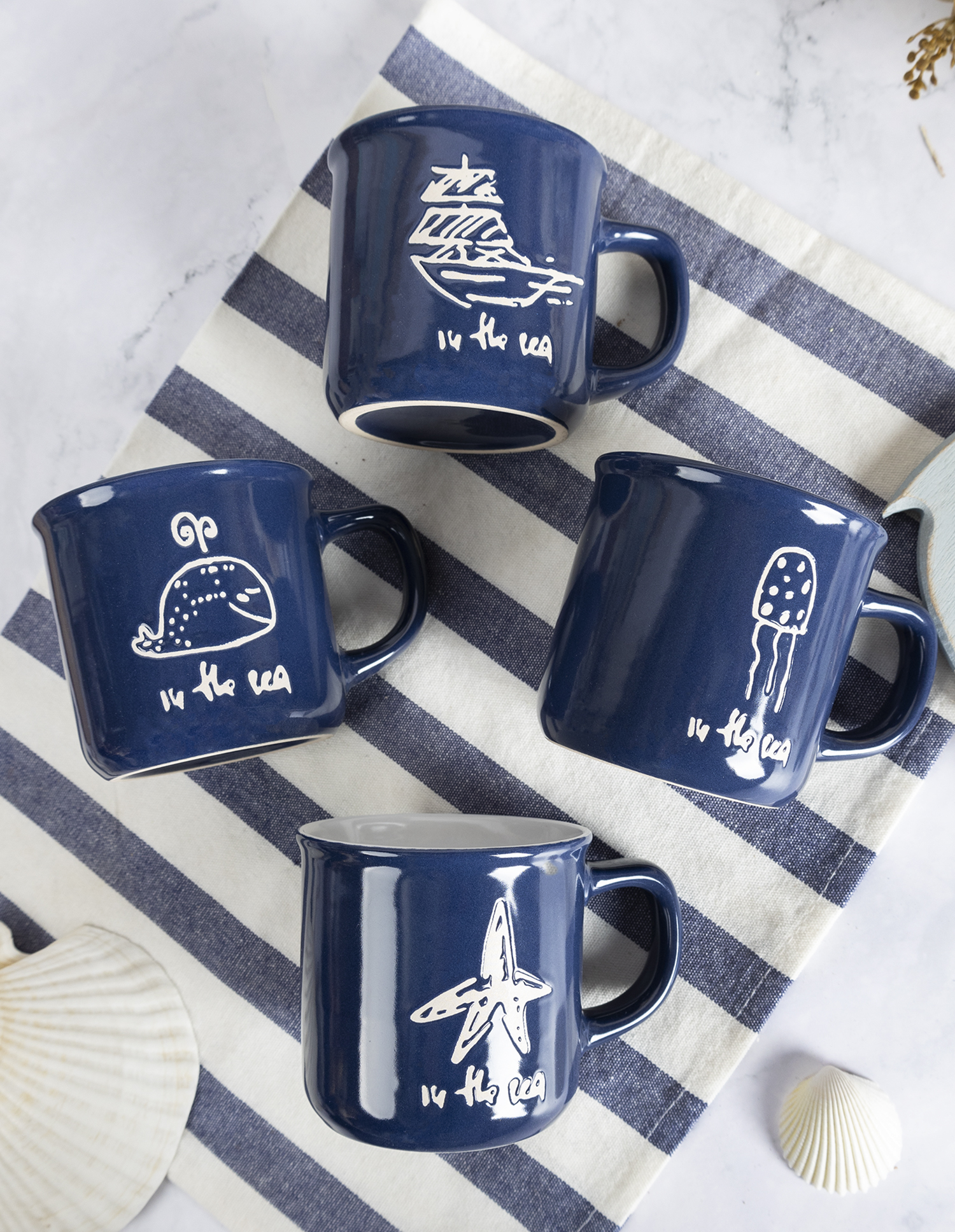 CHANGSHA HAPPY GO  Deep Blue Marine-Themed Stoneware Set – Hand-Drawn Ocean Icons, 16 Pieces |happygodinnerware.com