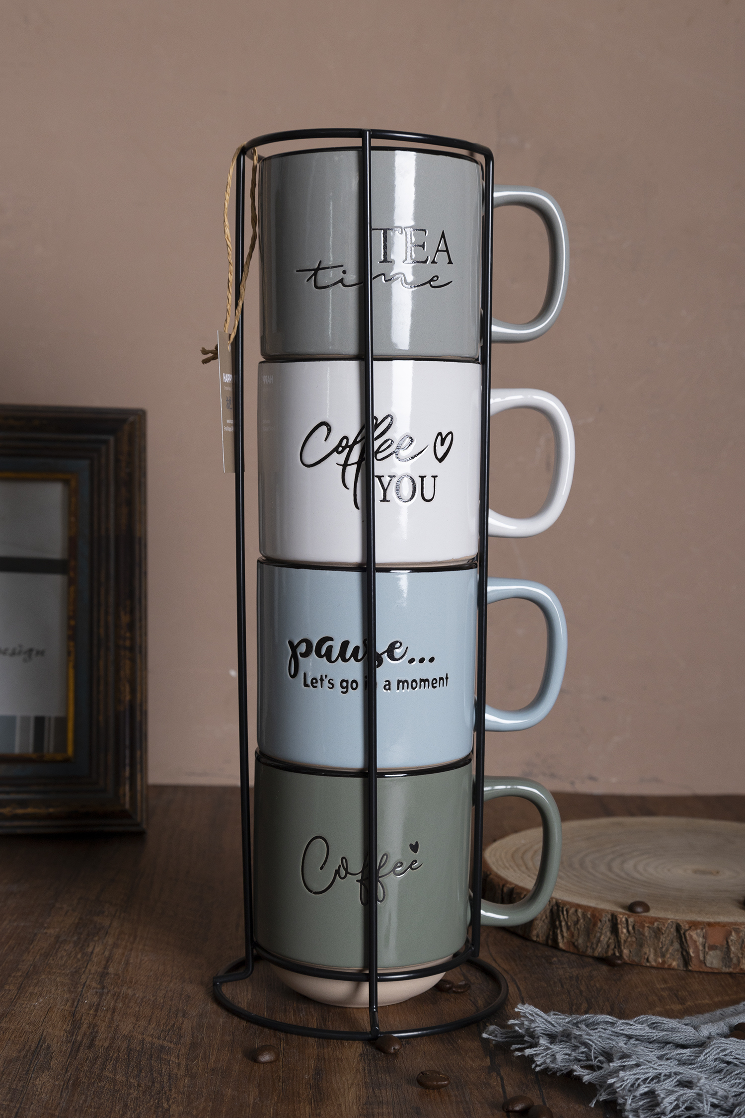 CHANGSHA HAPPY GO Stackable Stoneware Mug Set with Rack | Modern Letter Printed Coffee Cups | Nordic Matte Finish | Café & Gift Ready| Home & Hospitality Use|happygodinnerware.com