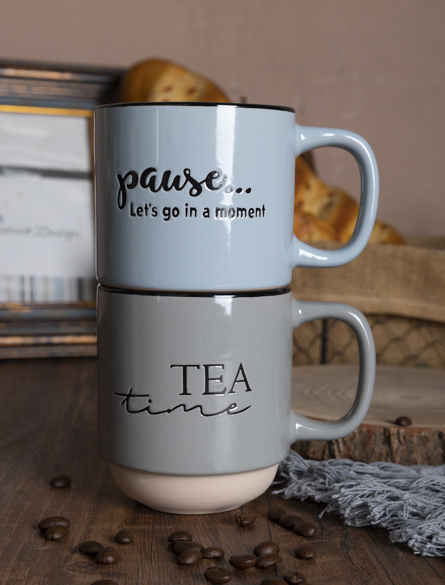 CHANGSHA HAPPY GO Stackable Stoneware Mug Set with Rack | Modern Letter Printed Coffee Cups | Nordic Matte Finish | Café & Gift Ready| Home & Hospitality Use|happygodinnerware.com