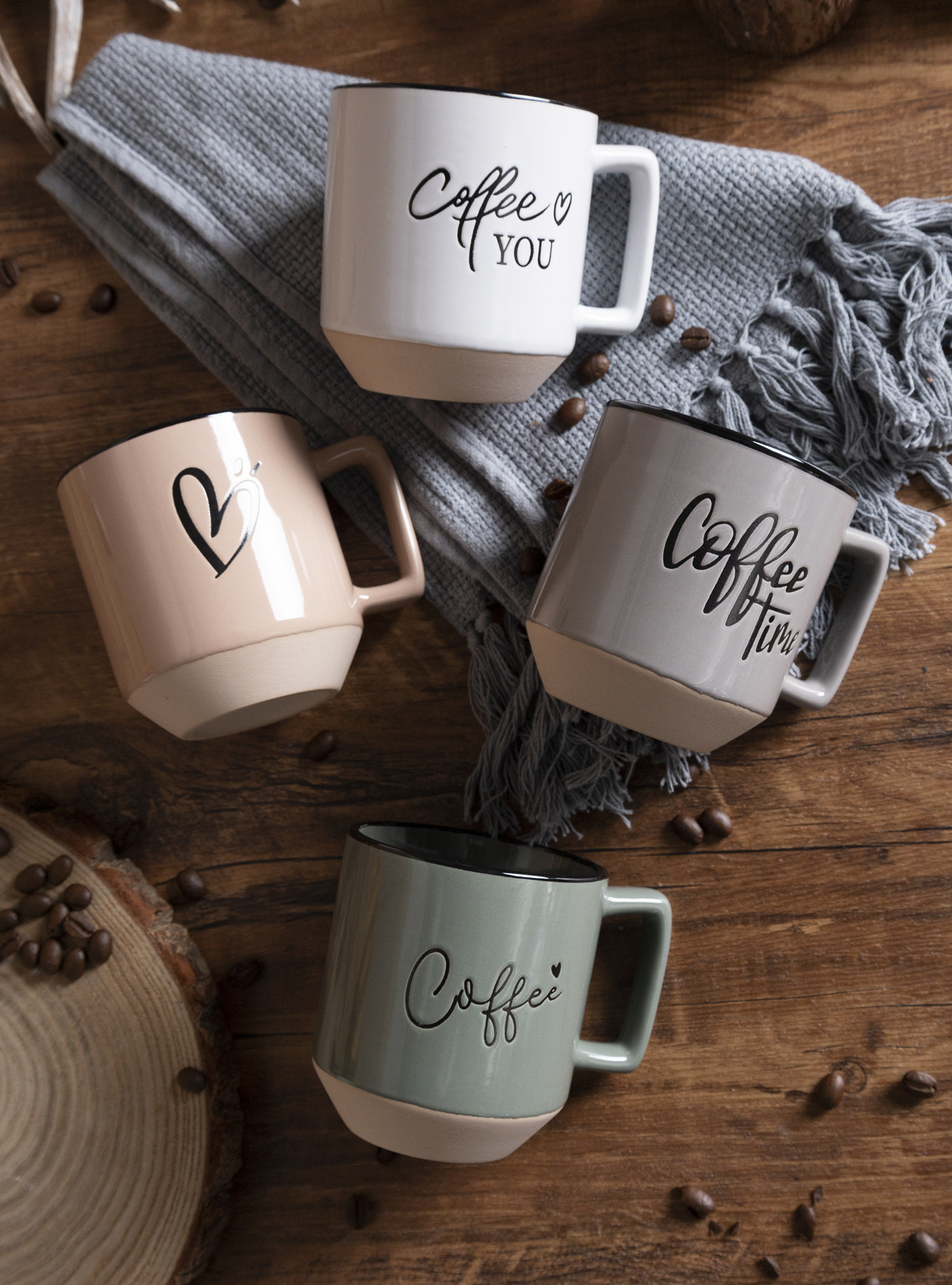 CHANGSHA HAPPY GO Stackable Stoneware Mug Set with Rack | Modern Letter Printed Coffee Cups | Nordic Matte Finish | Café & Gift Ready| Home & Hospitality Use|happygodinnerware.com