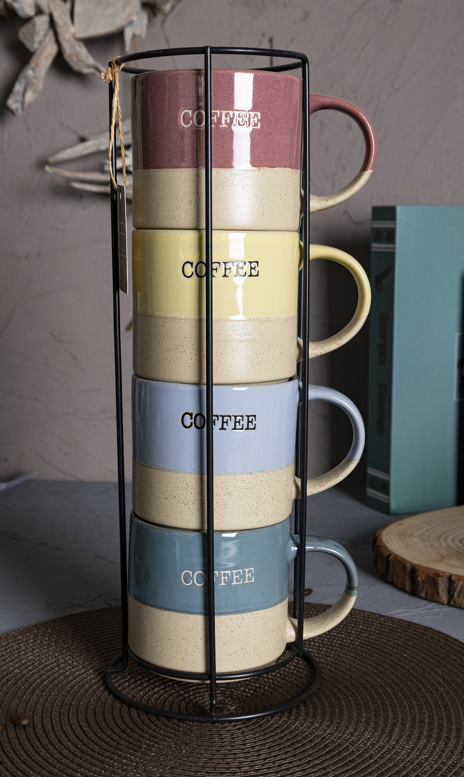 CHANGSHA HAPPY GO Two-Tone Stoneware Mug Set with Coffee Letter Print | Stackable Mugs with Metal Rack & Gift Box | Retro Style for Home & Café|happygodinnerware.com