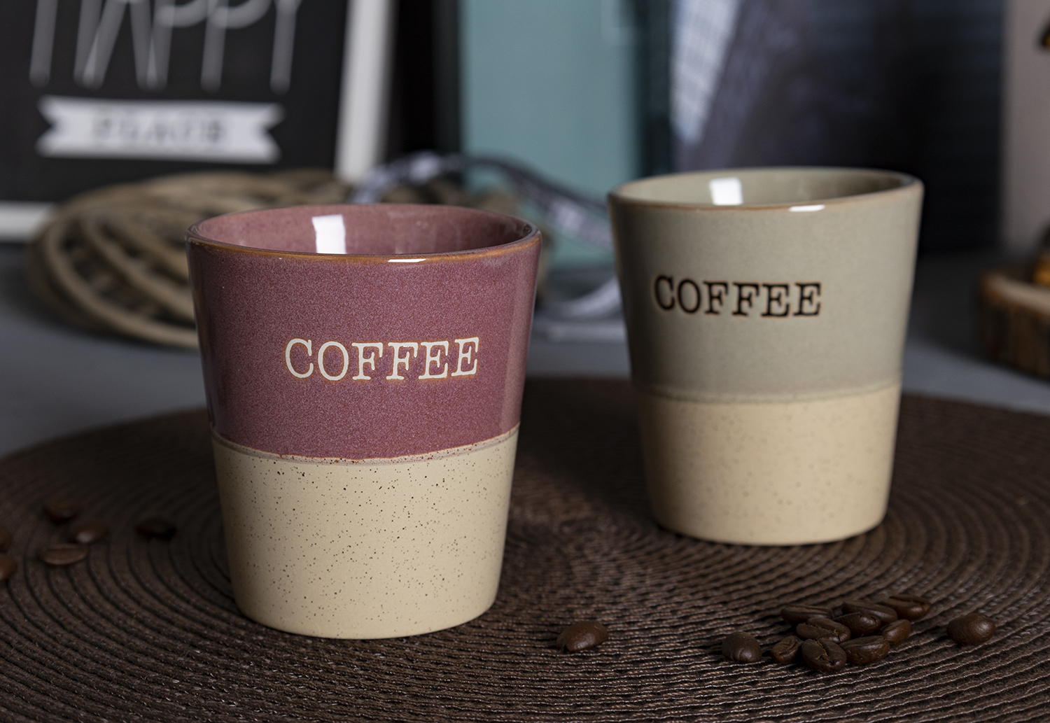 CHANGSHA HAPPY GO Two-Tone Stoneware Mug Set with Coffee Letter Print | Stackable Mugs with Metal Rack & Gift Box | Retro Style for Home & Café|happygodinnerware.com