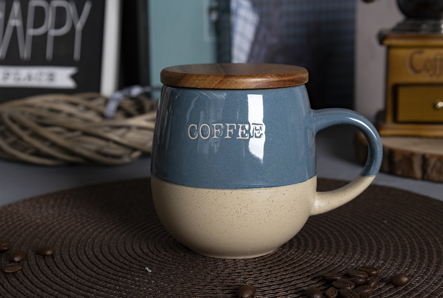 CHANGSHA HAPPY GO Two-Tone Stoneware Mug Set with Coffee Letter Print | Stackable Mugs with Metal Rack & Gift Box | Retro Style for Home & Café|happygodinnerware.com