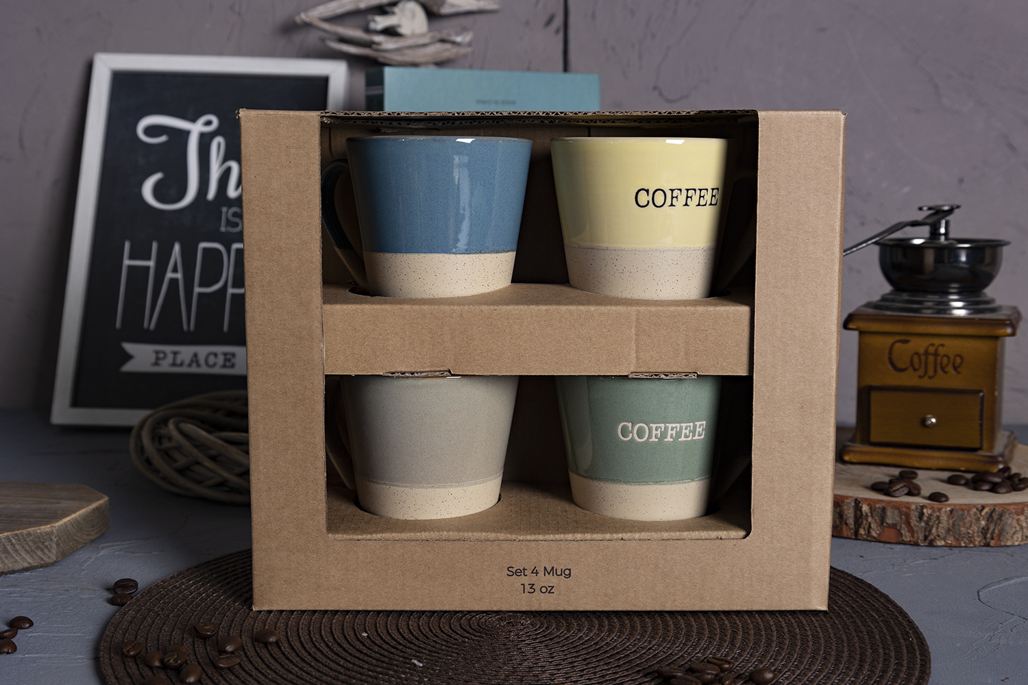 CHANGSHA HAPPY GO Two-Tone Stoneware Mug Set with Coffee Letter Print | Stackable Mugs with Metal Rack & Gift Box | Retro Style for Home & Café|happygodinnerware.com