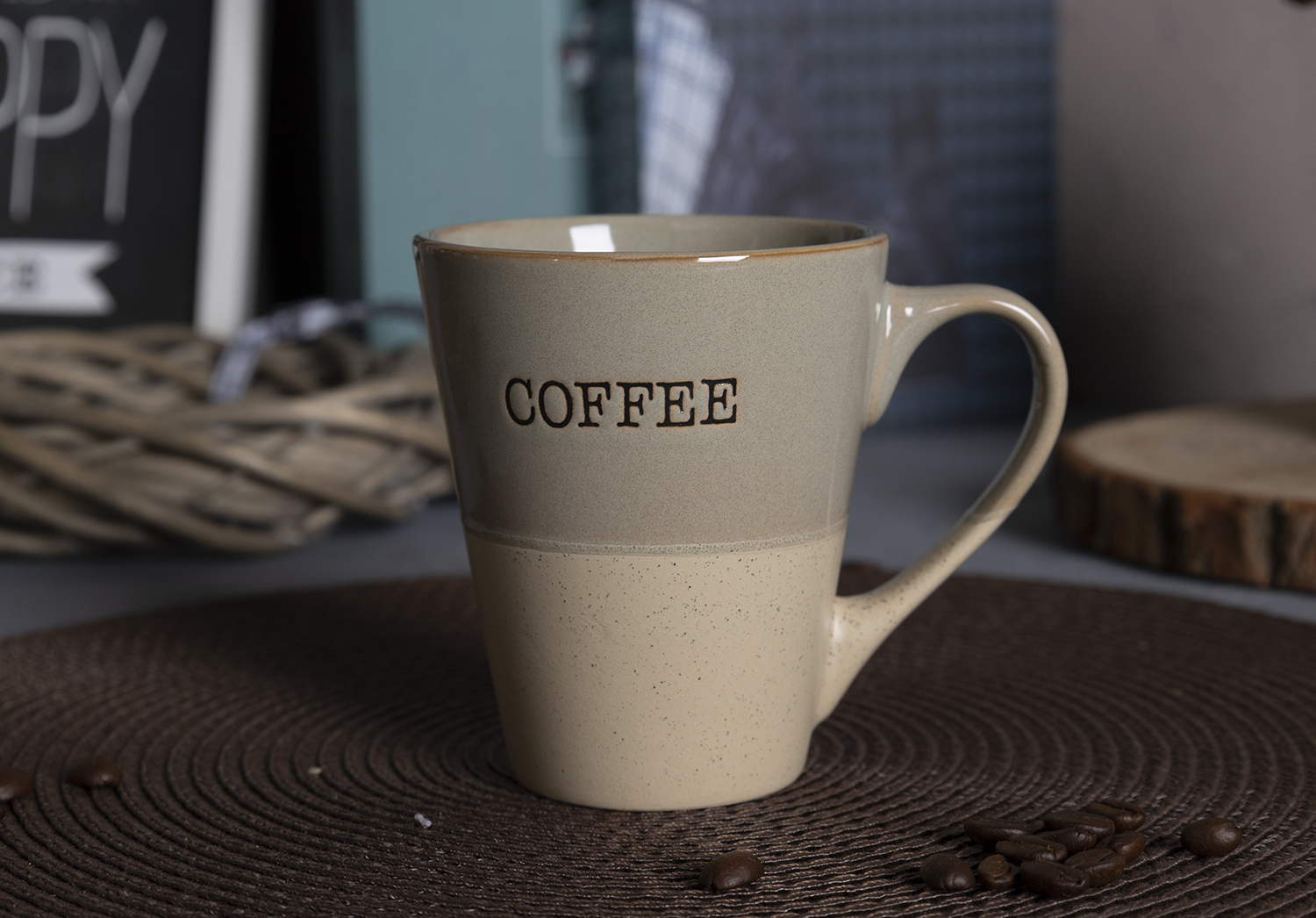CHANGSHA HAPPY GO Two-Tone Stoneware Mug Set with Coffee Letter Print | Stackable Mugs with Metal Rack & Gift Box | Retro Style for Home & Café|happygodinnerware.com